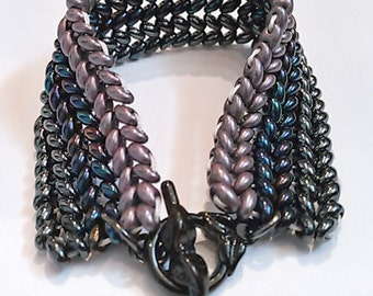 Black Twin Seed Bead Bracelet - Herringbone Ribbon Patterned Bracelet - Luminescent Argentinian Bead Bracelet - Super Duo Beads Bracelet