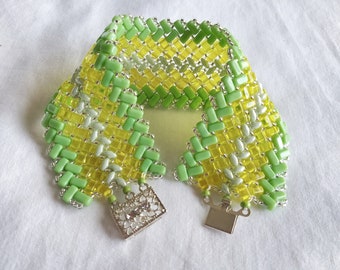 Yellow and Green Tile Beadwork Bracelet - Mint Green and Yellow Tile Seed Bead Patterned Bracelet - Pastel Green Beadwoven Flat Bracelet