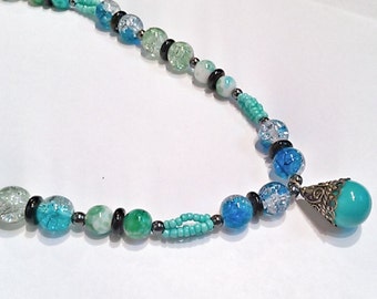 Blue and Turquoise Beaded Necklace - Teal Seed Bead Necklace - Glass Turquoise and Blue Statement Necklace