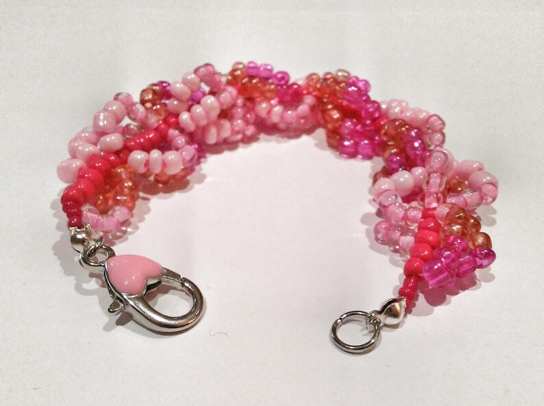 Pink Helix Bracelet Hot Pink and Fuchsia Spiral Rope Design Pink Pink Toned Seed Bead Patterned Bracelet
