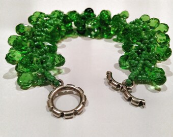 Green Seed Bead Bracelet - Bright Green Teardrop Beadwork Bracelet - Shamrock Green Spiral Rope Bracelet