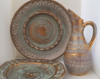 3 piece set/ Vintage 1950s Stangl Pottery Ceramic 22-Karat Antique Gold