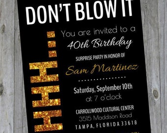 Surprise Birthday Party Invitation - Shhh... Don't Blow It - Black and Gold