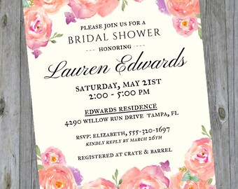 Bridal Shower Invitation - Watercolor Flowers - Elegant Bridal Shower