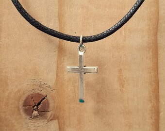 Distressed Silver Cross Necklace: Chunky Cord Surfer Style Necklace