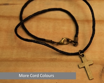 Bronze Cross Pendant Necklace: Chunky Surfer Style Cord Necklace