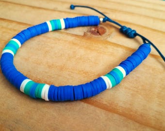 Mens Surfer Bracelet: Adjustable Navy, White, and Green Polymer Clay Heishi Beaded Bracelet