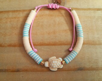Sea Turtle Heishi Bracelet: Cream Polymer Clay Beaded Surfer Style Adjustable Bracelet