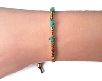 Gold Hematite & Turquoise Beaded Bracelet - Adjustable Cord Bracelet