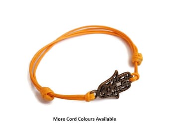 Adjustable Hamsa Hand Bracelet: Bronze or Silver Charm, Waxed Cord Friendship Jewellery