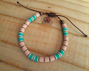 Mens Surfer Bracelet: Polymer Clay Heishi Beads, Adjustable Cord Bracelet