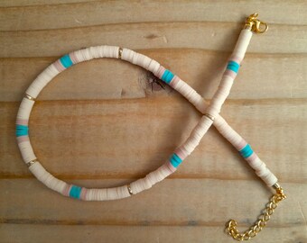 Handmade Heishi Necklace: Cream, Blue, Beige Polymer Clay Beaded Choker
