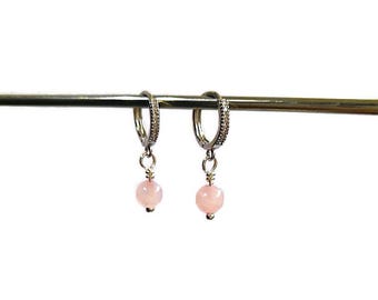 Rose Quartz Hoop Earrings: Petite Silver Huggies with Cubic Zirconia