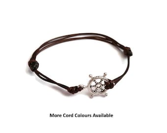 Boat Wheel Bracelet: Bronze or Silver Charm, Adjustable Cord Bracelet
