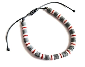 Mens Surfer Bracelet: Adjustable Grey, Red, White Polymer Clay Heishi Beads