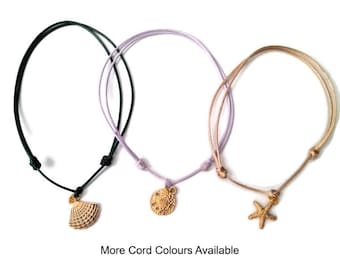 Gold Charm Anklet: Starfish, Sand Dollar & Shell - Adjustable Cord Ankle Bracelet
