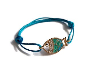 Fish Charm Bracelet: Blue Green Crystal, Adjustable Cord Bracelet