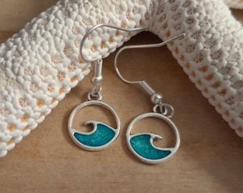 Dainty Wave Circle Earrings: Blue Green Resin Earrings