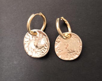 Gold Coin Charm Hoop Earrings: Removable Charm Huggie Hoops