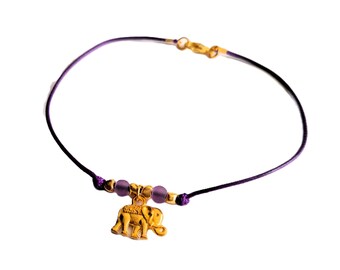 Purple Cord Anklet: Gold Elephant Charm & Glass Beads Ankle Bracelet