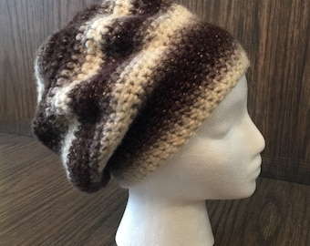 Black and White striped ombre slouchy crocheted hat with silver threads