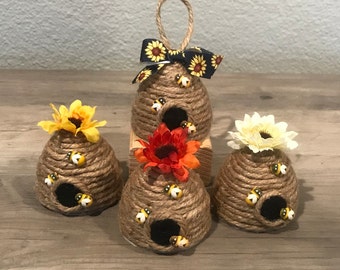 Beehive | Bee Skep | Bee Ornament | Bee Decor | Tiered Tray Bee Decor | Sunflowers and Bee's