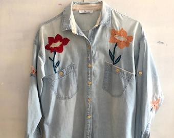 SPRING // Hand embroidery embellished denim shirt