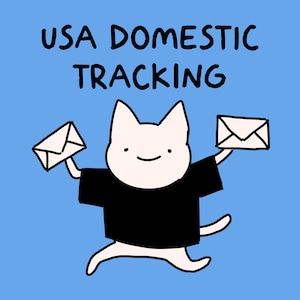 May include: A white cat wearing a black shirt and holding two white envelopes in its paws. The text "USA DOMESTIC TRACKING" is above the cat.