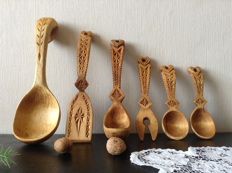 Set of 6 Vintage Wooden Collection Mixing Spoons Fork and Ladle Hand Carved Wood Country Kitchen Utensils Wall Art Project Party Old Shabby