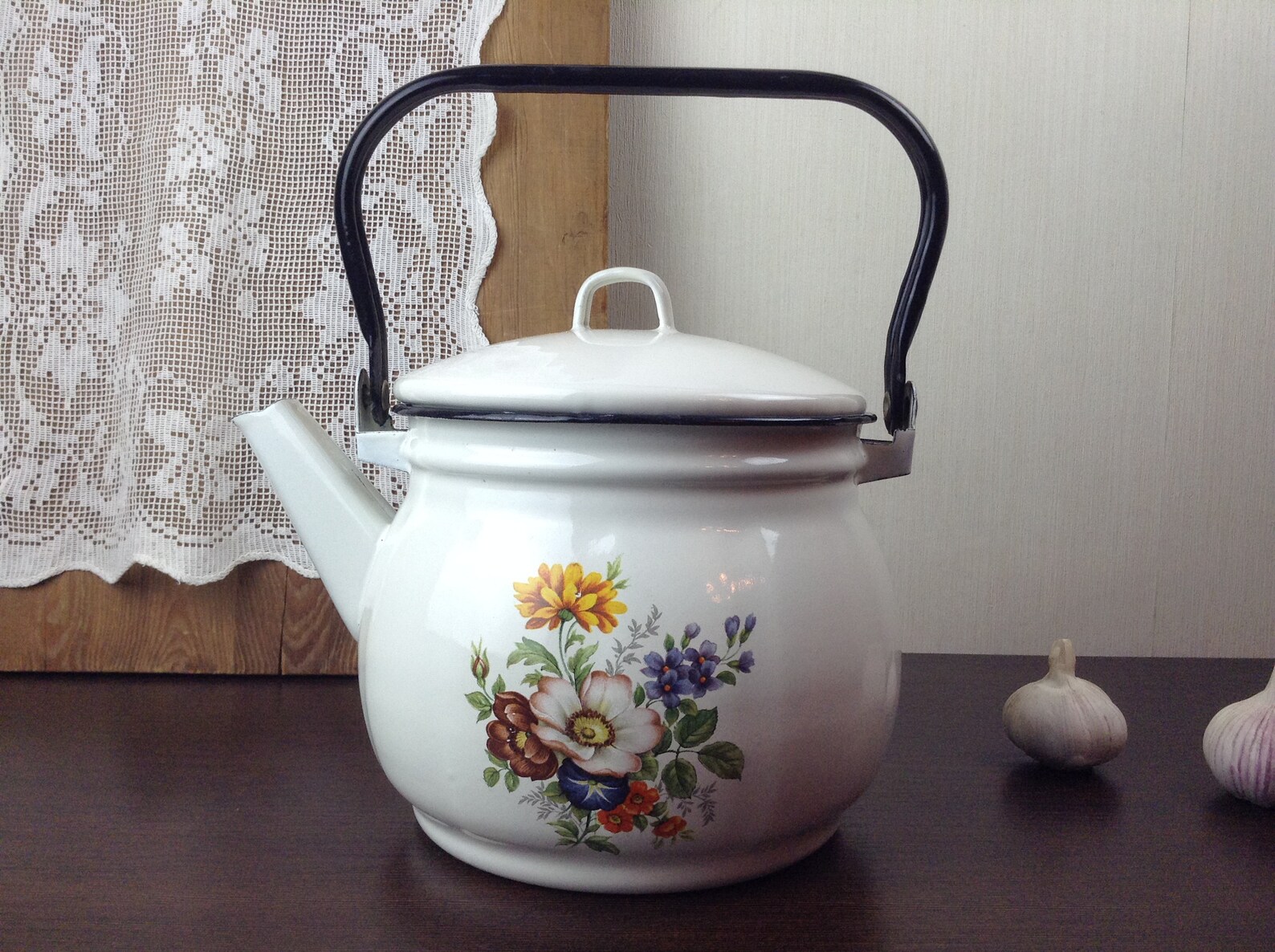 Vintage Enamel Kettle LARGE Enamel Kettle Big White Enamel Etsy