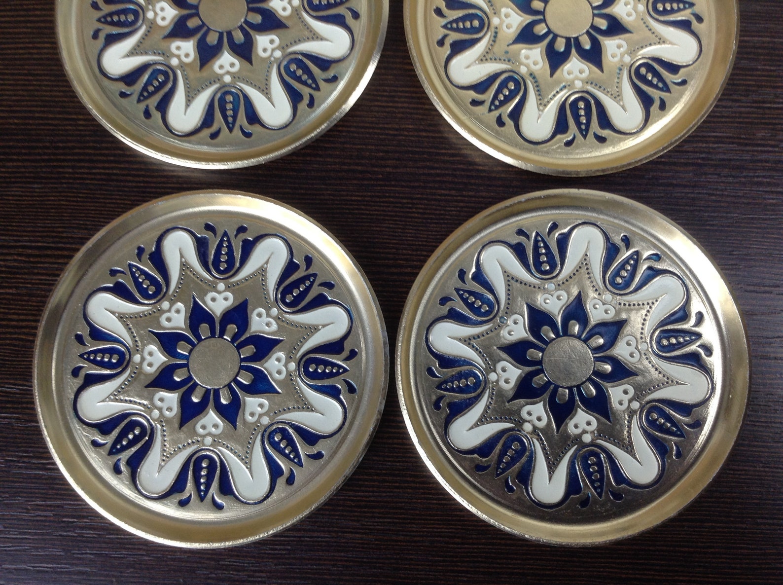 Set of 6 Enamel Metal Cup Holders Golden White Blue Embossed Etsy