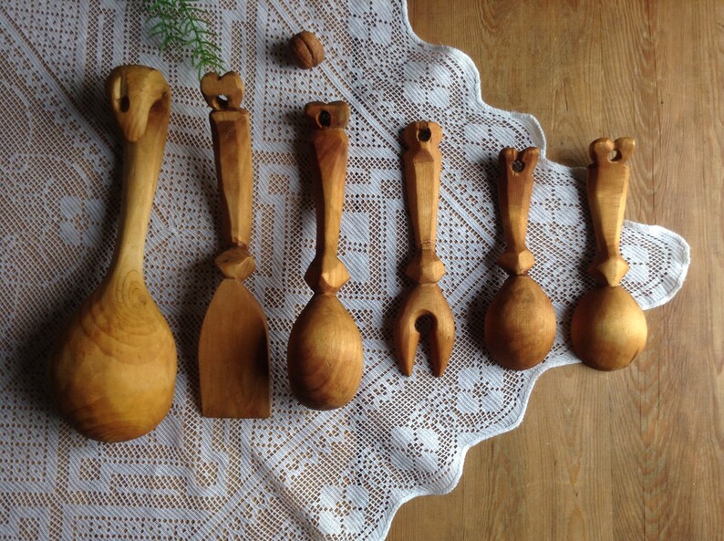Set of 6 Vintage Wooden Collection Mixing Spoons Fork and Ladle Hand Carved Wood Country Kitchen Utensils Wall Art Project Party Old Shabby