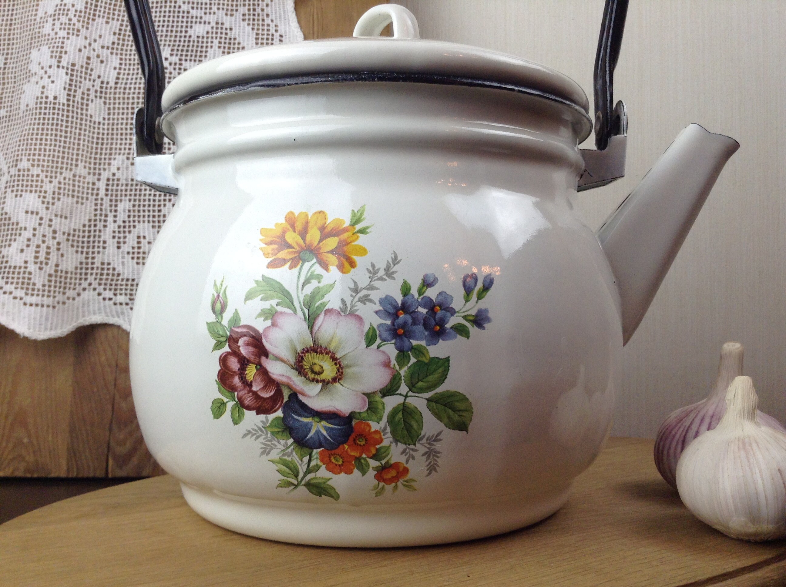 Vintage Enamel Kettle LARGE Enamel Kettle Big White Enamel Etsy