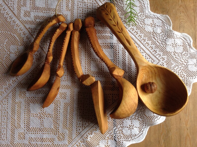 Set of 6 Vintage Wooden Collection Mixing Spoons Fork and Ladle Hand Carved Wood Country Kitchen Utensils Wall Art Project Party Old Shabby