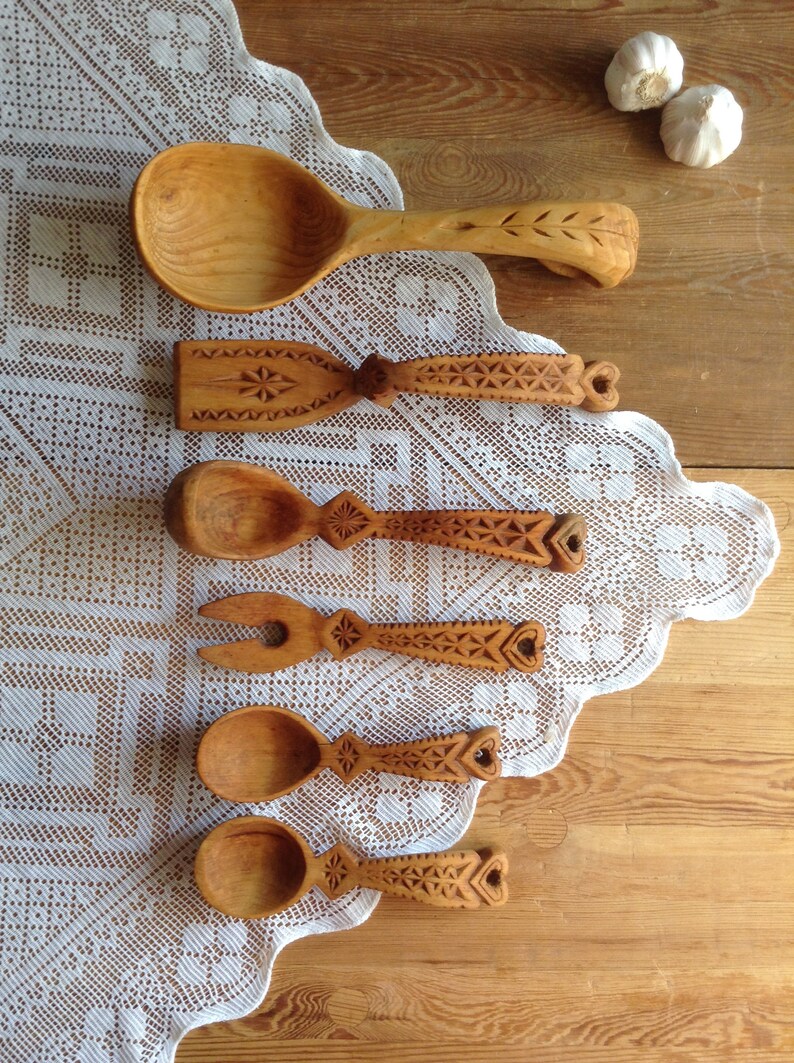 Set of 6 Vintage Wooden Collection Mixing Spoons Fork and Ladle Hand Carved Wood Country Kitchen Utensils Wall Art Project Party Old Shabby