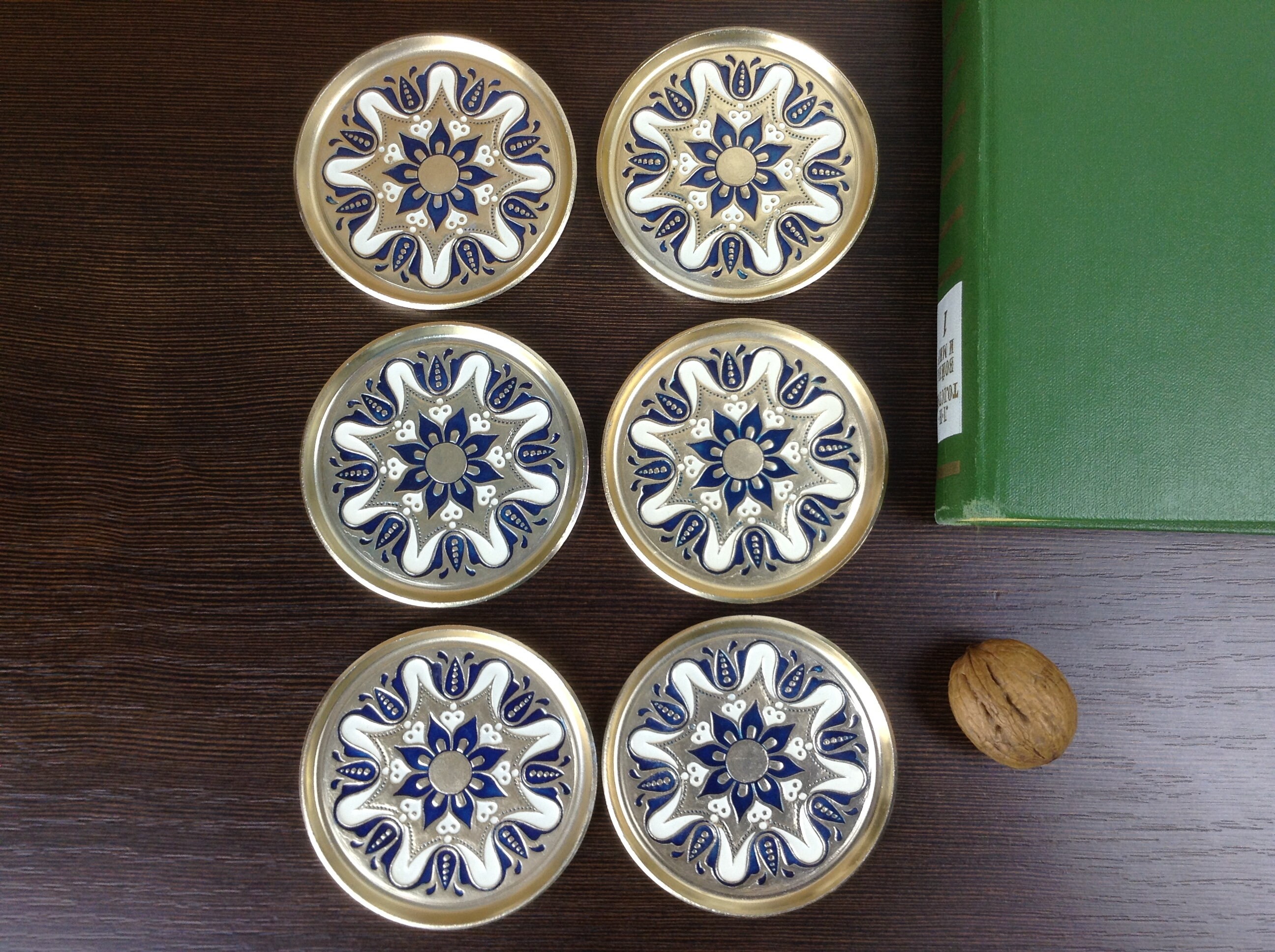 Set of 6 Enamel Metal Cup Holders Golden White Blue Embossed Etsy