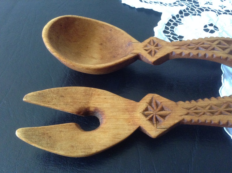 Set of 6 Vintage Wooden Collection Mixing Spoons Fork and Ladle Hand Carved Wood Country Kitchen Utensils Wall Art Project Party Old Shabby