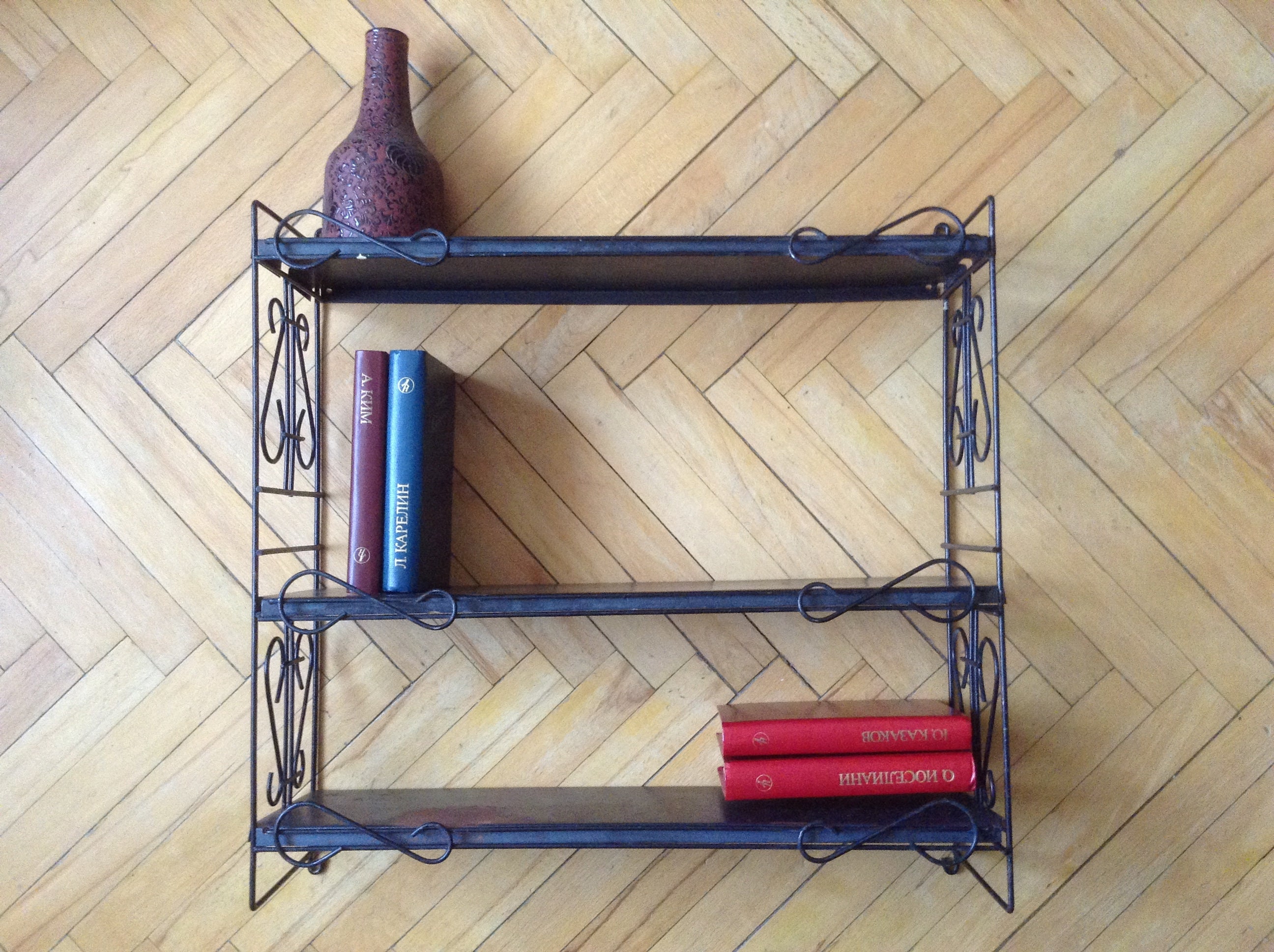 Book Shelf Metal Vintage Wall Book Rack Distressed Rusty Black Etsy