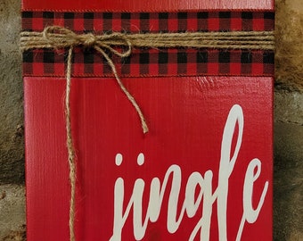 Jingle All The Way Christmas Sign, Buffalo Plaid Ribbon with Jute Twine and a Bell