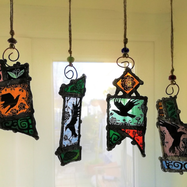 Crows and Roses- Ravens /Bird Stained Glass Light Catcher= Made to order