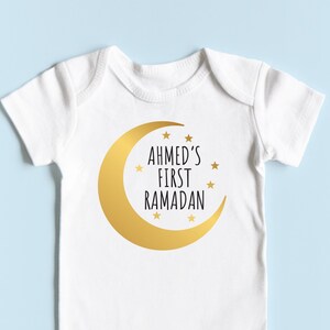 Custom First Ramadan Personalized Custom Name ONESIES® Infant Baby Bodysuit Gold Foil Moon and Black writing, Ramadan Moon 02