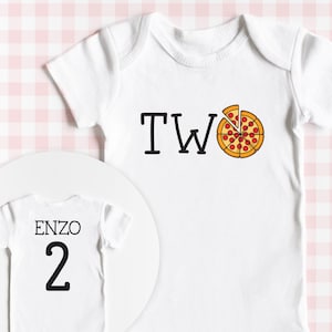 Pizza Party Second Birthday ONESIES® Bodysuit or Bodysuit Romper, TWO pizza slice, Custom name & number 2 on the back, Family Set Available