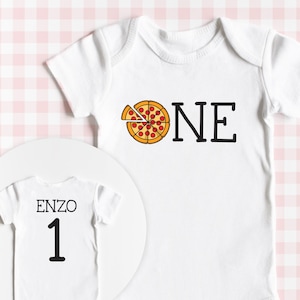 Pizza Party First Birthday ONESIES® Bodysuit or Bodysuit Romper, ONE Pepperoni slice, Custom name number 1 on the back, Family Set Available