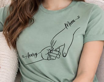 1st Mothers Day Gift, Custom Mom Shirt From Children, Family With Kids Names, Personalized Mom & Kids Hands Shirt, Mom Kids Hands Green Sage