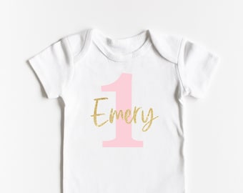 One Custom Personalized Glitter Name Birthday ONESIES® - 1st One Birthday Outfit Infant Baby Cake Smash Birthday Pink and Gold theme