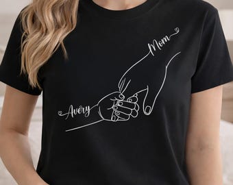 First Mothers Day Gift, Custom Mom Shirt From Children, Family With Kids Names, Personalized Mom & Kids Hands Shirt, Mom Kids Hand Black Tee
