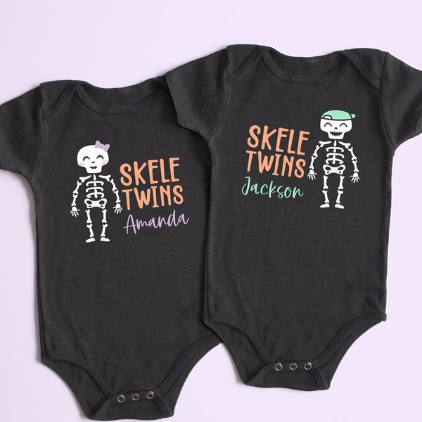 SkeleTWINS Custom Personalized Name Twins Siblings Matching Set Halloween ONESIES® Girls Boys Skeleton Bodysuit Outfit Set Orange Purple