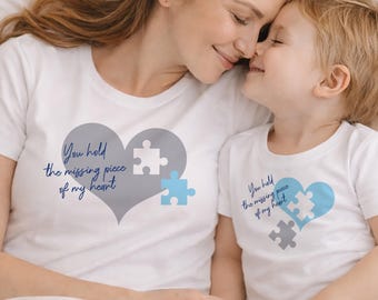 Mom and Son Matching Shirts - Mommy and Me T-shirt or Bodysuit - Mother Son Baby Blue Gray Navy White - Puzzle Heart Mothers Day Gift