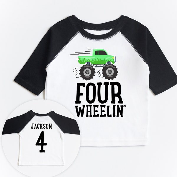 Fourth Birthday Monster Truck Shirt - Four Wheelin - Green Monster Truck Theme Raglan Baseball Shirt, Custom Name Personalized 4 Boys Girls