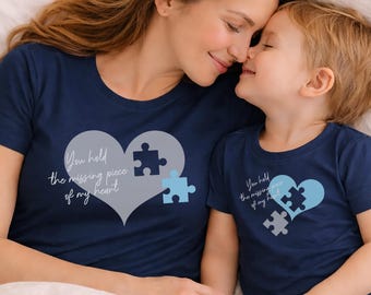 Puzzle Heart Mom and Son Matching Shirts - Mommy and Me T-shirt or Bodysuit - Mother Son Baby Blue Gray Navy White - Mothers Day Gift